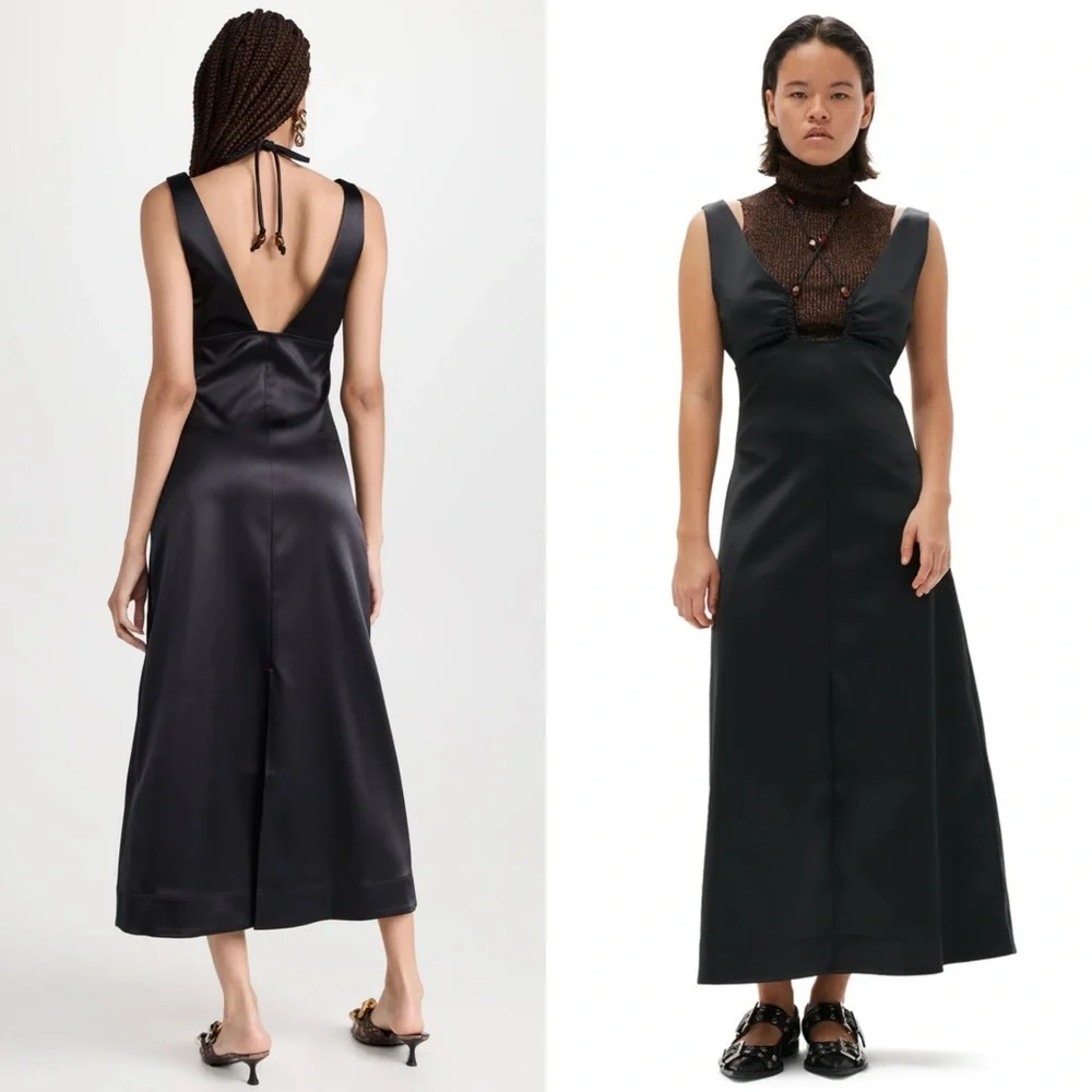 GANNI Satin Beaded Crisscross Halter Tie V-Neck Empire Waist Sleeveless Dress‎ S - Picture 3 of 14